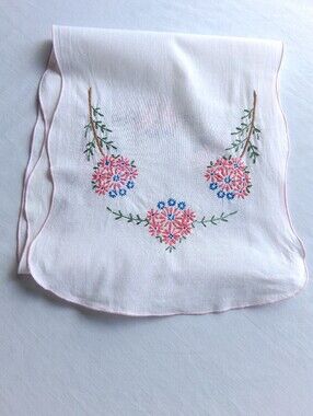 Vintage Table Runner Hand Embroidered Floral Table Runner Pink Blue   - Damaged
